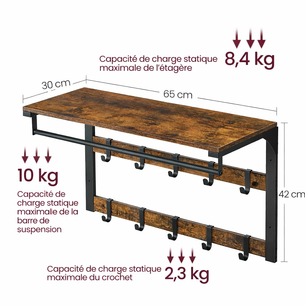 Caractéristiques du Porte-Manteau Mural avec Etagère Marron Rustique