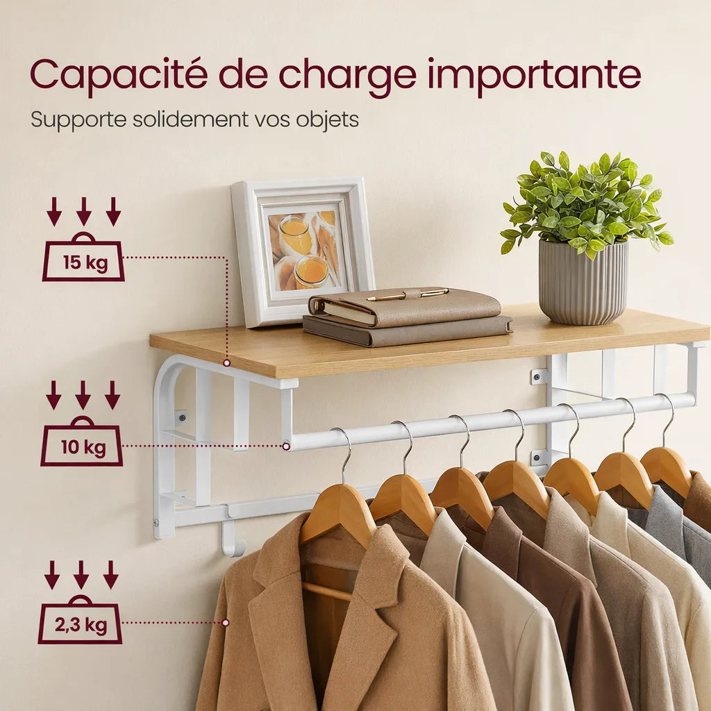 Charge Porte-Manteau Mural avec Etagère Blanc et Bois