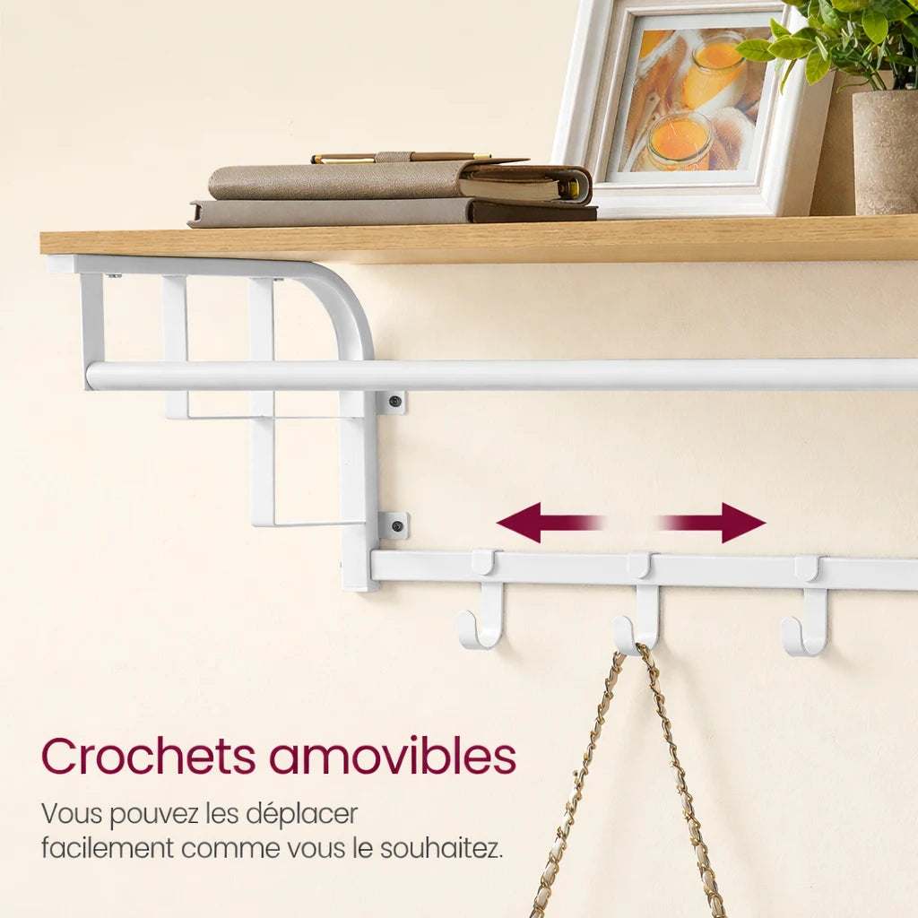 Crochets Porte-Manteau Mural avec Etagère Blanc et Bois