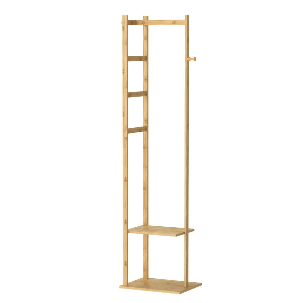 Details Porte-Manteau sur Pied en Bois avec Etageres sur fond Blanc