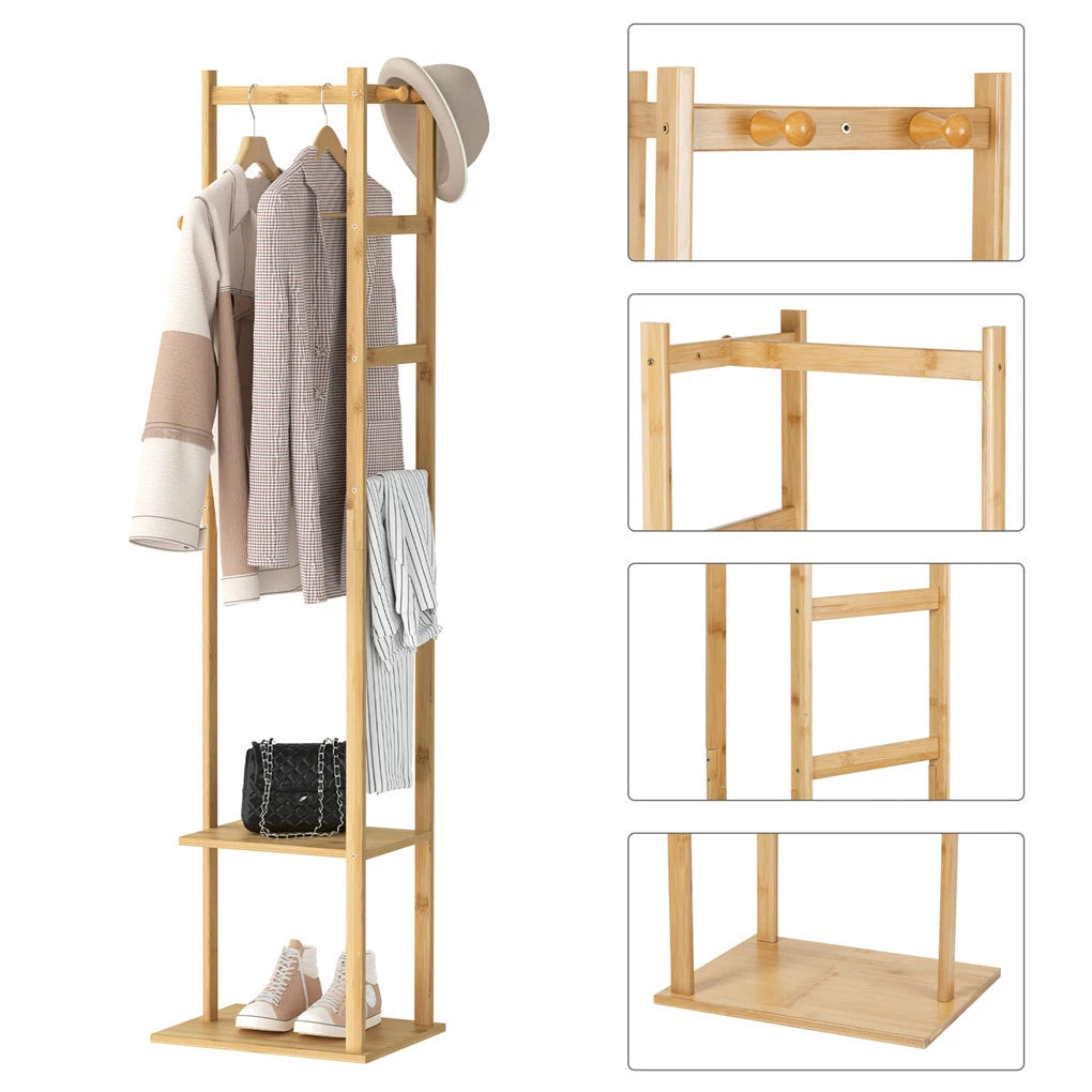 Details Porte-Manteau sur Pied en Bois avec Etageres