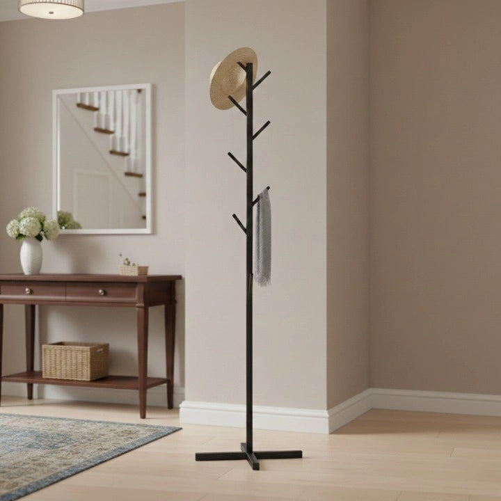 Porte-Manteau Arbre Moderne Noir avec un chapeau et une écharpe  accrochés