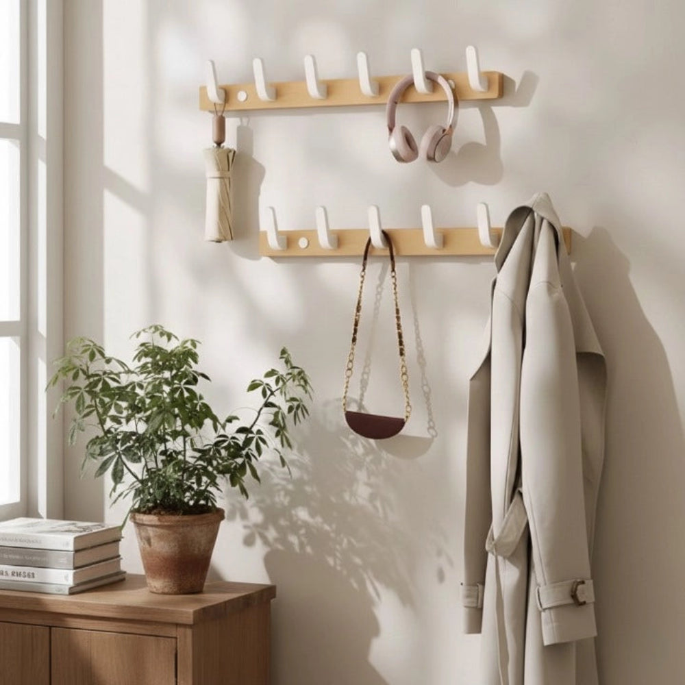 Porte-Manteau Bois Massif Design Crochets Inclinés Blanc 