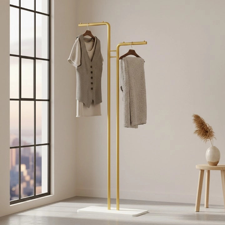 Porte-Manteau Design double Arbre Dore avec pied Blanc