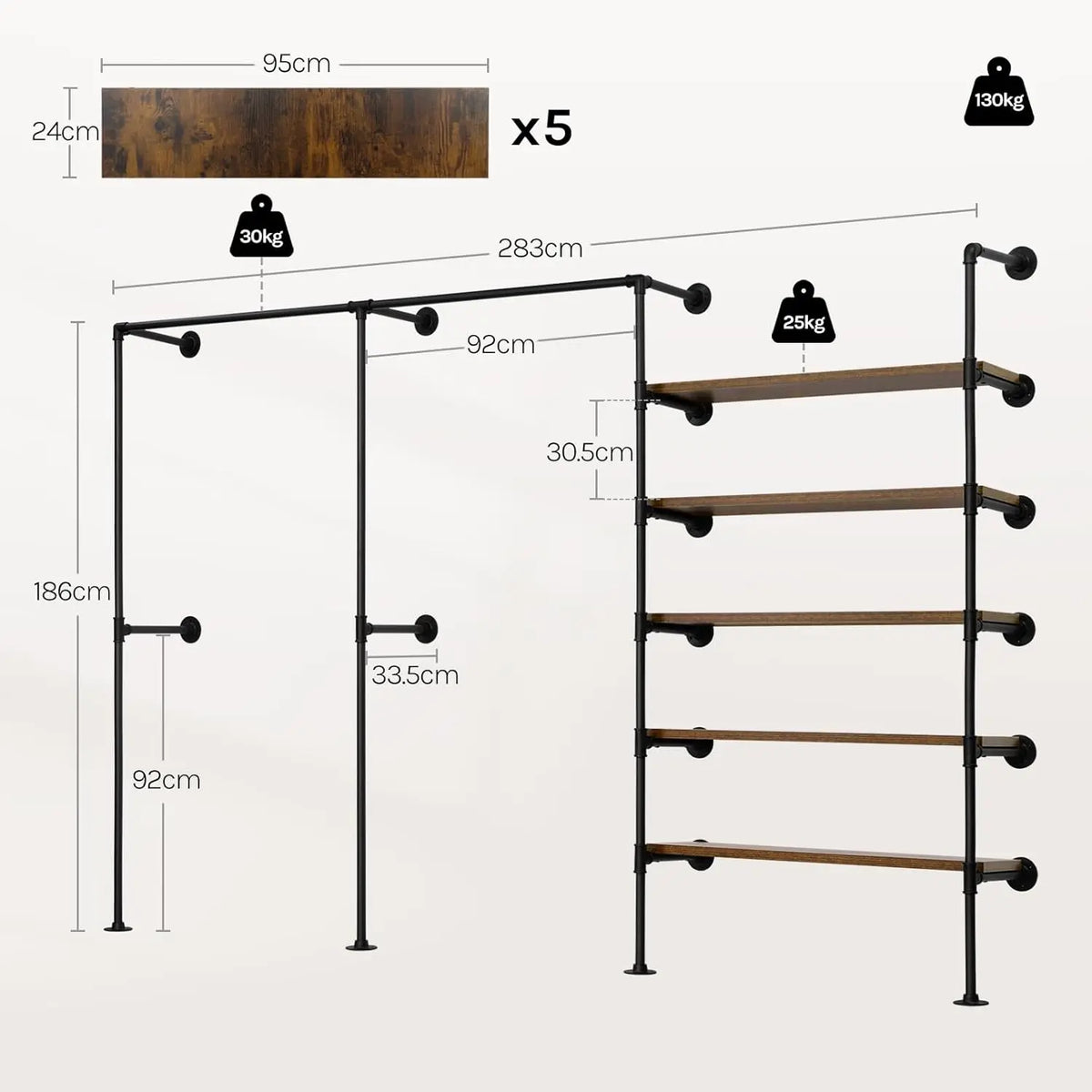 Porte-Manteau Dressing 2 Rails avec 5 Etageres Description