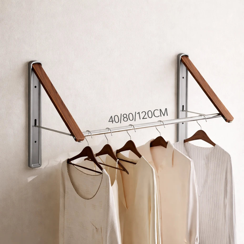 Porte-Manteau Mural Design a Cintre Bois Marron et Gris a Rail