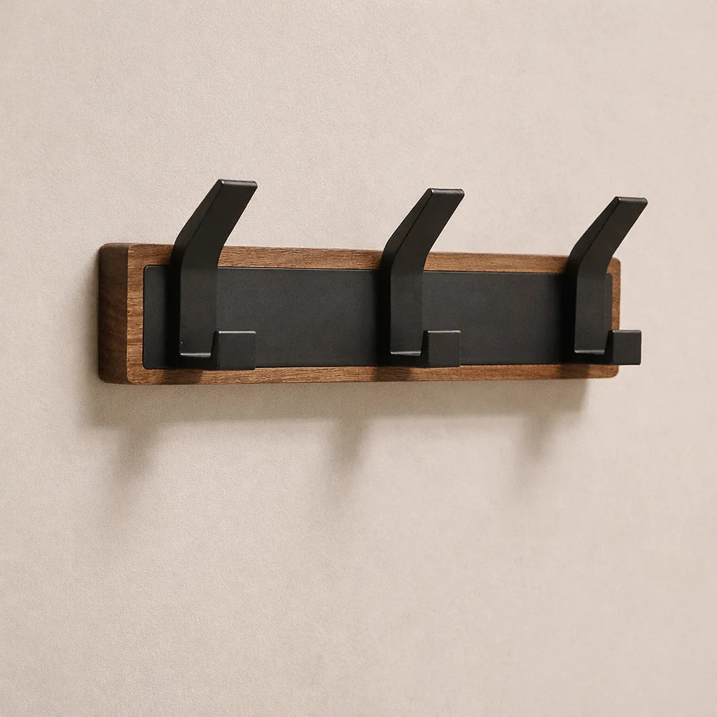 Porte-Manteau Mural Noir en Bois 3 Crochets