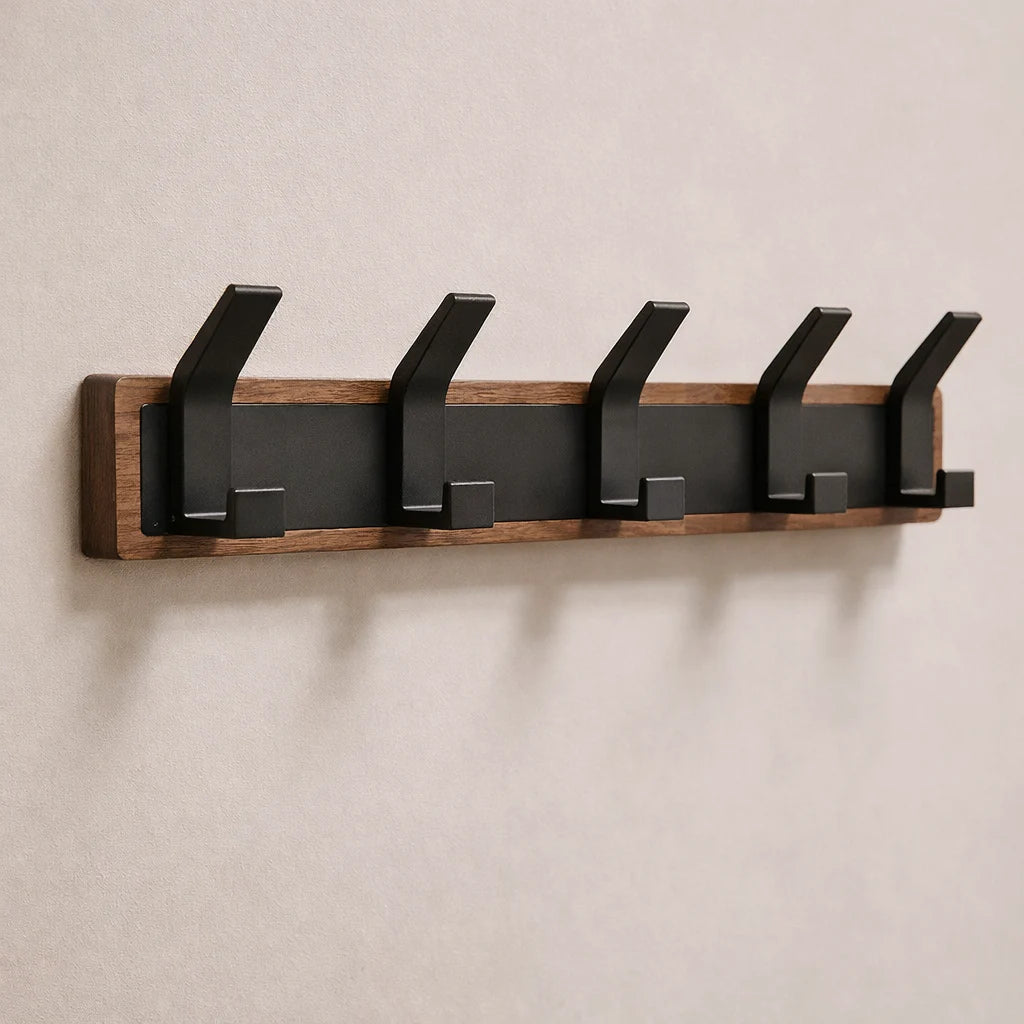 Porte-Manteau Mural Noir en Bois 5 Crochets