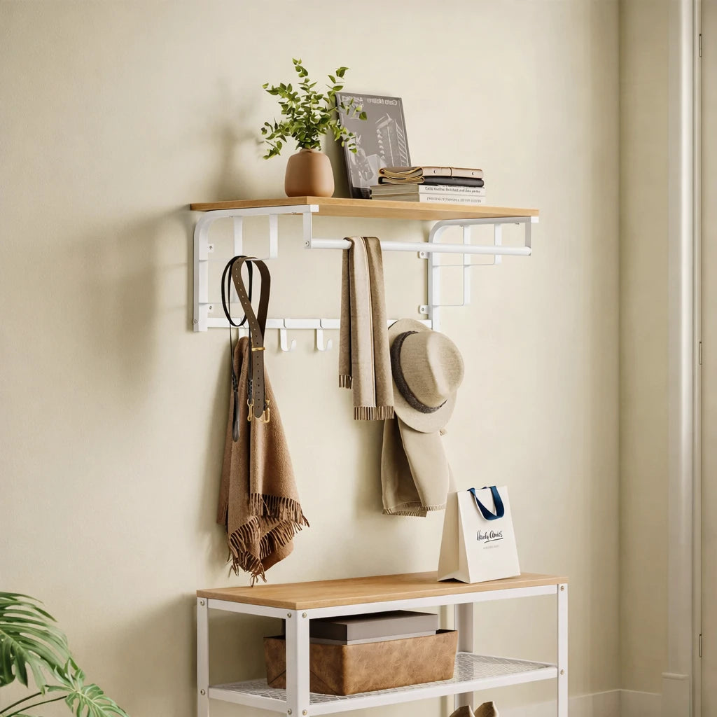 Porte-Manteau Mural avec Etagère Blanc et Bois