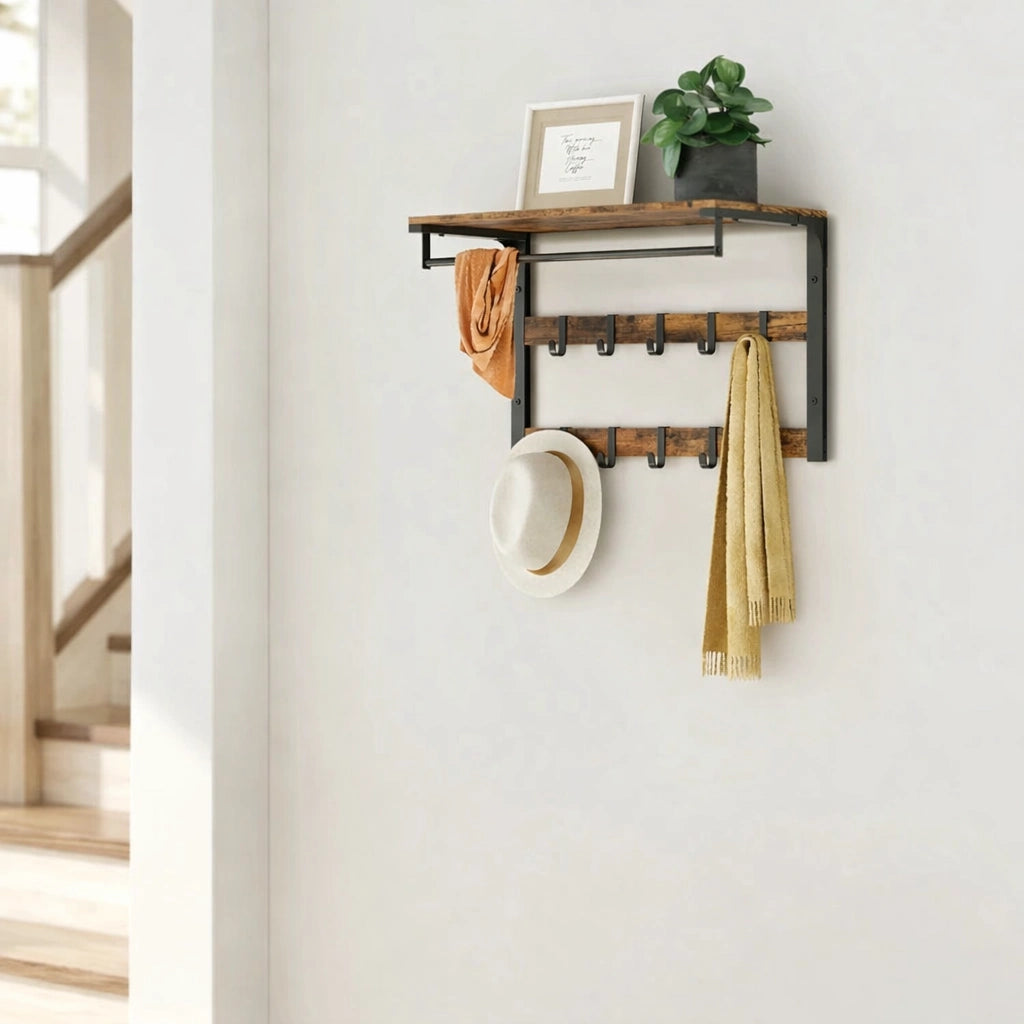 Porte-Manteau Mural avec Etagère Marron Rustique