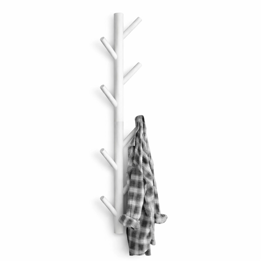 Porte-Manteau Mural en Bois Arbre Blanc 8 Crochets