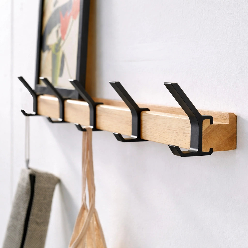 Porte-Manteau  Mural en Bois a Crochets Mobiles 