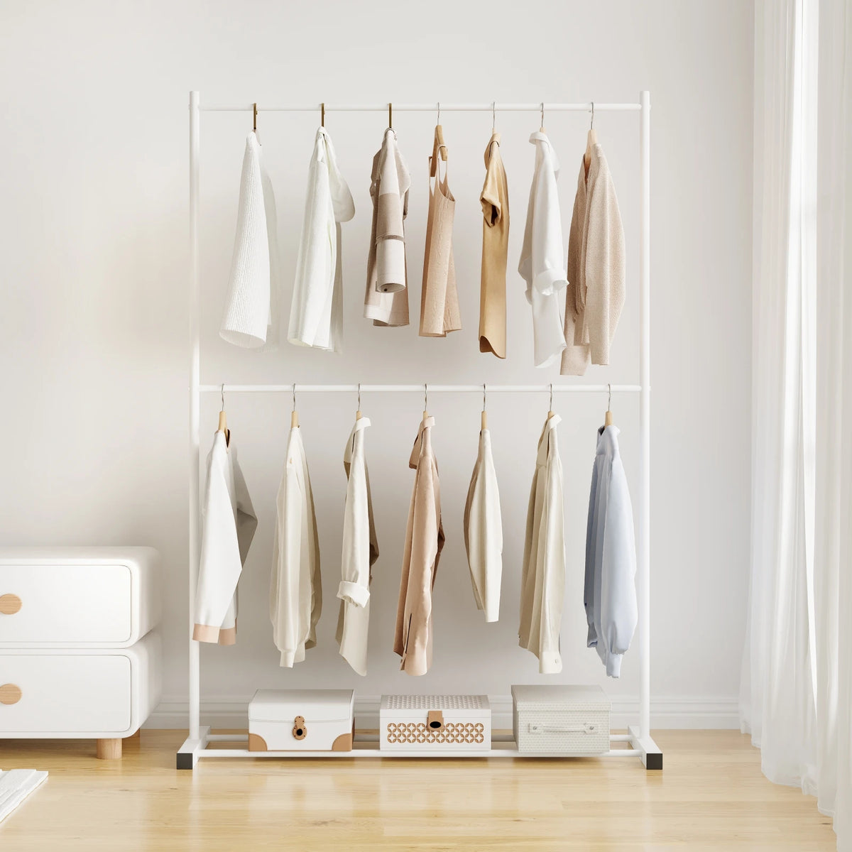 Porte-Manteau Solide Double Etages Blanc 120cm dans une chambre