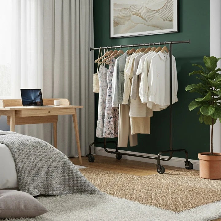 Porte-Manteau Solide a Roulettes Noir dans une chambre