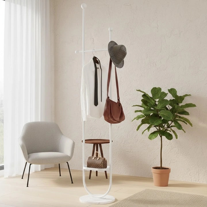 Porte-Manteau sur Pied Design Blanc avec Etagere et a pied Blanc
