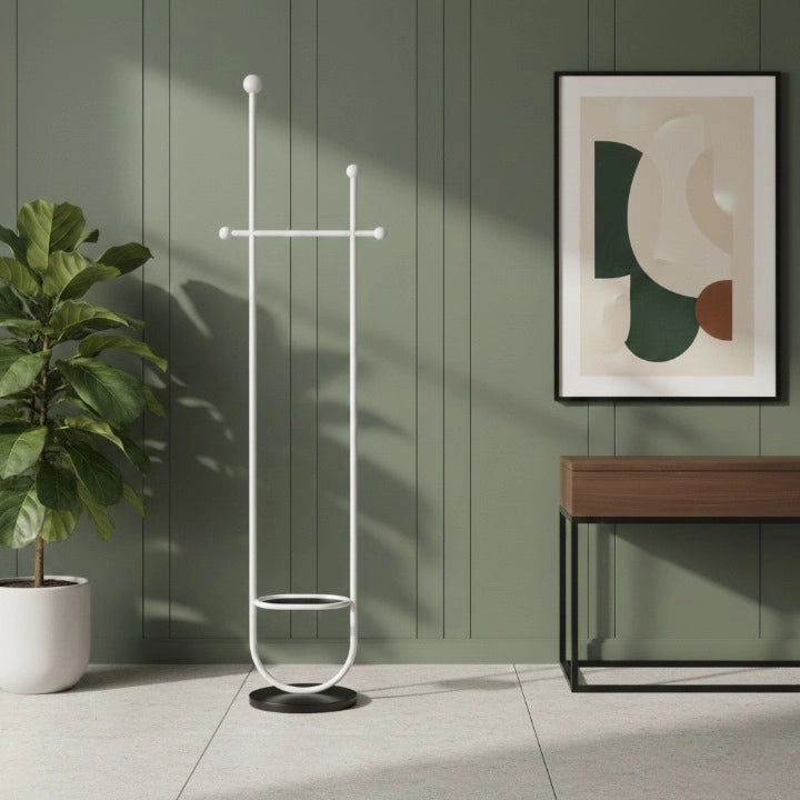 Porte-Manteau sur Pied Design Blanc avec Etagere et a pied Noir