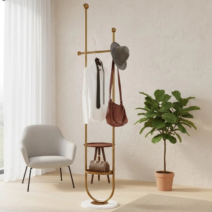 Porte-Manteau sur Pied Design Dore avec Etagere et a pied Blanc 