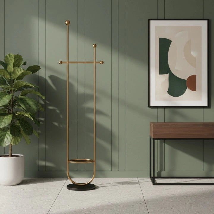 Porte-Manteau sur Pied Design Dore avec Etagere et a pied Noir