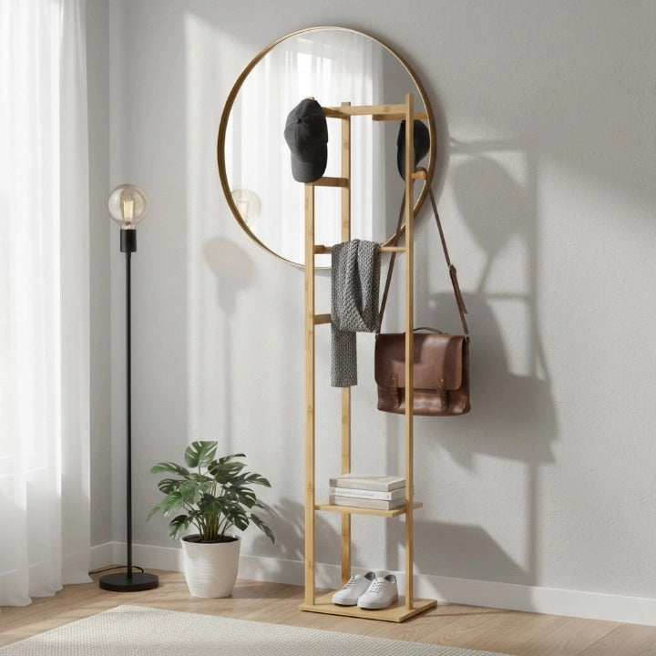 Porte-Manteau sur Pied en Bois avec Etageres dans un salon 