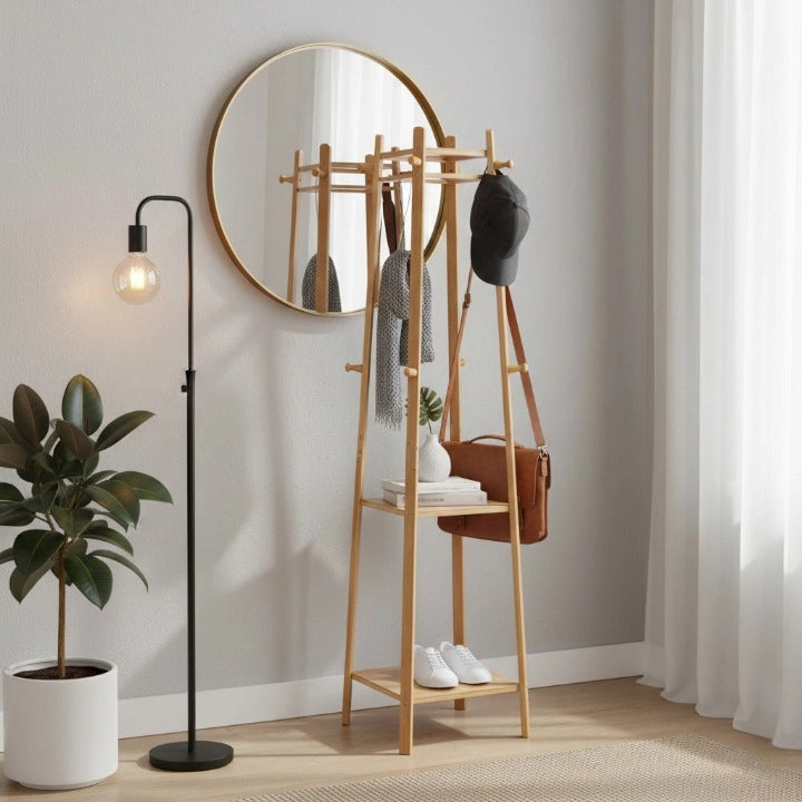 Porte-Manteau sur Pied en Bois avec Rangements dans un salon