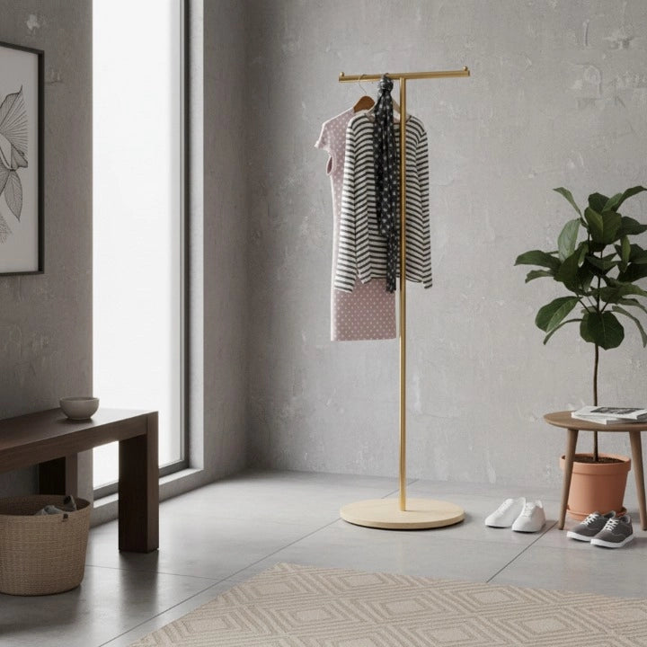 Porte-Manteau sur pied Design en T Doré dans un décor