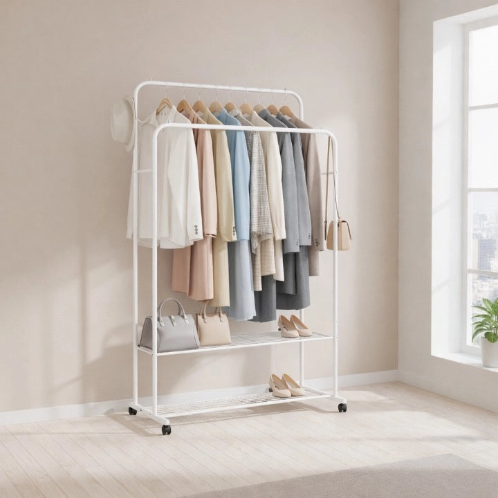 Porte-Manteau sur pied Solide Double Rails Blanc dans une chambre