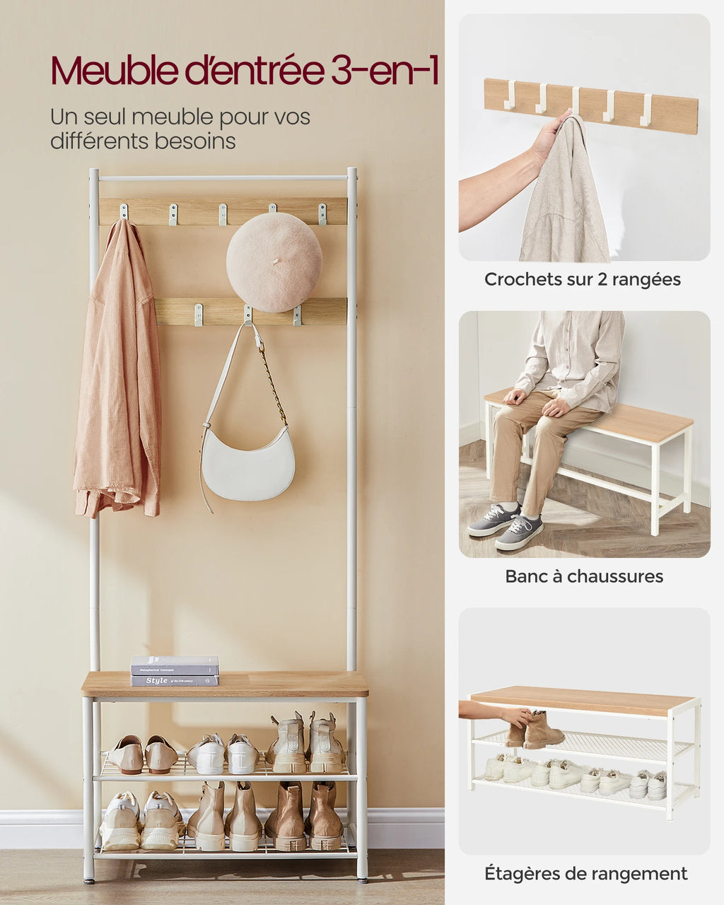 Porte-Manteau Meuble Chaussure 3 en 1