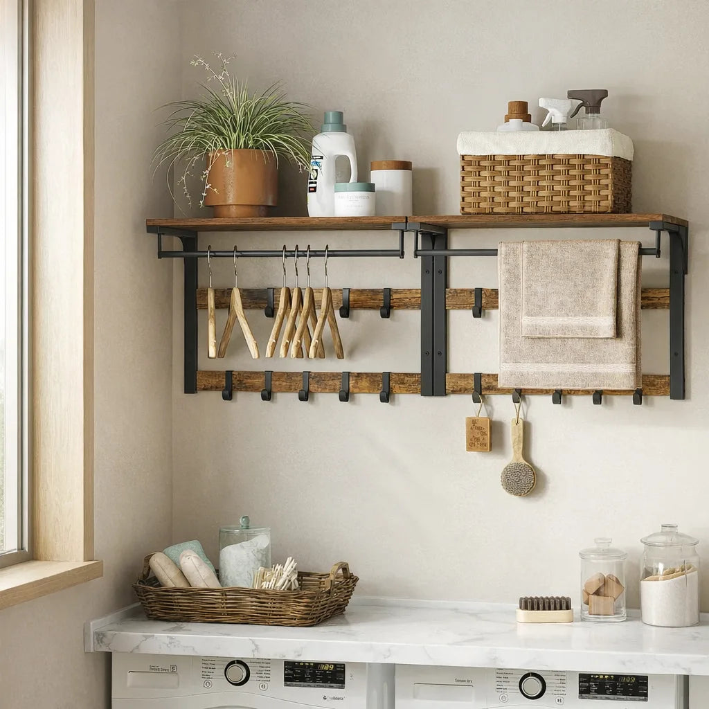 deux Porte-Manteau Mural avec Etagère Marron Rustique